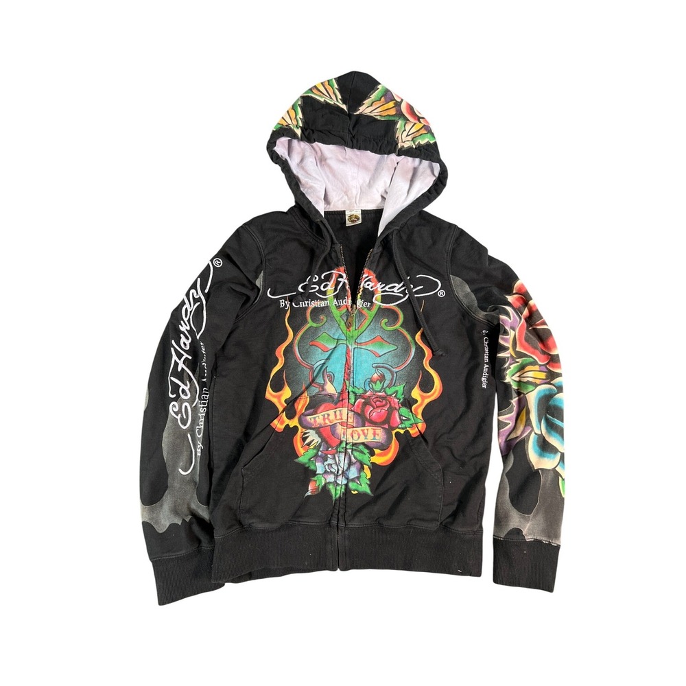 Ed Hardy Hoodie Medium Black True Love Tattoo Graphic Zip Up Christian Audigier